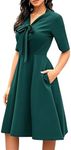 oxiuly Vintage Women Dresses 2025 Trendy Elegant Midi Formal Ladies Chic V-Neck Party Church Tea Vintage OL Formal Work Dresses with Pockets OX278 Dark Green Solid XL