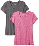 Amazon Essentials Women's Tech Stretch Short-Sleeve V-Neck T-Shirt (Available in Plus Size), Pack of 2, Charcoal Heather Space Dye/Raspberry Red Space Dye, Small