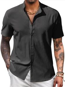 COOFANDY Men's Casual Band Collar Shirts Short Sleeve Muscle Fit Button Down Shirts Summer Shirt Black