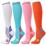 Kickticks 4 Pairs Compression Socks for Woman & Man Unisex 20-30mmHg Knee high Plus Size Wide Calves for Flying Running…, 02 White| Lake Blue| Pink| Orange, Small-Medium