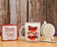 Pride Store"Best Mom Printed 330 ml Glass Frosted Mug for Mothers Day Gift with Best Mom in The World Globe Wooden Showpiece & Greeting Card for Mummy Mother mom Grandmother