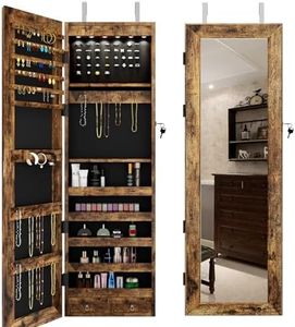 SogesGame Jewelry Cabinet, Wall Door Mounted Mirrored Jewelry Armoire Organizer with Wide Mirror, Makeup Shelves, Bracelet Rod, Jewelry Amoires w/ 2 Drawers, Retro Brown, 10QHXF7025FG-S8-CA