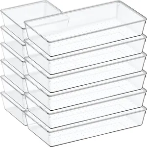 12 Pack Large Clear Plastic Drawer Organizer Set, Acrylic Bathroom Organizer Vanity Trays Dividers, Kitchen Organizers and Storage, Non-Slip Storage Bins for Makeup, Snacks, Office, Desk, Fridge