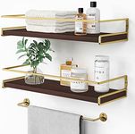 Floating Shelves Bathroom Shelves Over Toilet Set of 2, Bathroom Wall Shelves with Towel Bar, Wall Mounted Vanity Shelf for Bedroom, Kids Room, Kitchen (Brown & Gold)