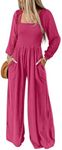 Happy Sailed Women's Jumpsuits, Rompers & Overalls Fall Long Sleeve One Piece High Waisted Wide Leg Jumpsuit Long Pants Rompers with Pockets Comfy Lounge Wear for Women Strawberry Pink S