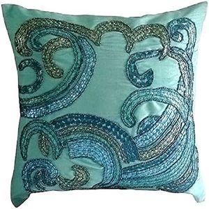 The HomeCentric Blu Acqua Set di 2, 65x65 cm Art Silk Fodere europee per cuscini, Onde, Paillettes Impreziositi Blu Seta Fodera Per Cuscino Divano, Mediterraneo Astratto Federe Euro Cuscino - Tides