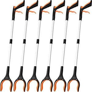 6 Pack Trash Grabber Reacher Tool for Elderly, 32" Foldable Trash Picker Upper Grabber Long Handy Mobility Aids Lightweight Reaching Tool for Pick Up Stick Arm Extension Litter Claw Picker (Orange)