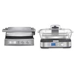 Cuisinart GR-150C Griddler Deluxe, Silver & STM-1000C Cook Fresh Digital Glass Steamer, Silver