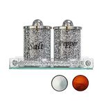 HMRCYTE Crystal Glass Salt and Pepper Shakers Set with Tray, 3PCS Silver Kitchen Seasoning Salt Pepper Organizer Set, Shiny Crushed Diamond Salt Pepper Jar Storage for Home Kitchen Restaurant Decor