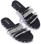 Cape Robbin Xtreme Flat Slide Sandals Rhinestone Black Silver Spiked Mule (6, Black)