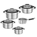 RÖSLE Silence Pro 5-Piece Universal Pot Set with 3 Cooking Pots, 1 Stewing Pot and 1 Saucepan, 18/10 Stainless Steel, Glass Lid, Inner Scale, Induction and Dishwasher Safe