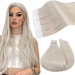 Ugeat Human Hair Extensions Tape in 24inch Tape in Extensions Remy Human Hair Long Seamless Glue in Hair White Blonde #60A Color 50Gram/20PCS Tape in Blonde Hair Extensions Real Remy Hair