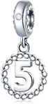 No. 5 Number Charm, 925 Sterling Silver Pendant fit Pandora Charm Bracelets, Necklace, European Snake Chain, Dangle Bead for Fifth Birthday, 5th Anniversary