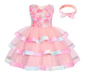 Jurebecia Girls Dress Flower Wedding Gown Ball Party Pageant Tulle Tutu Birthday Party Dress with Headband Age 3-4T, Pink