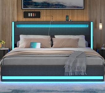 Dnxao King Bed Frame with Headboard and LED Lights, Upholstered Platform Bed with USB Charging Station, King Size Bed with Metal Support and Footboard, No Box Spring Needed, Easy Assembly, Dark Grey