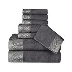 Superior 8 Piece Cotton Towel Set, Floral Jacquard Dobby Border, Quick Dry, Decorative Bathroom, Shower, Bath, Includes 2 Body, 2 Hand, 4 Face Towels/Washcloths, Wisteria Collection, Grey