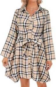 FANCYINN Womens Long Sleeve Checker Plaid Shirt Dress Pleated Front Chest Irregular Hem Buttons Up Casual Autum Flannel Dress Apricot & Black M