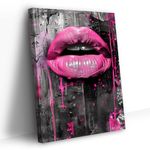 PBXBJY Lips Canvas Wall Art Female Pink Lips Pictures Pink Black Wall Decor Graffiti Painting Print Modern Artwork Beauty Salon Girls Room Decor Frame (20.00" x 30.00")