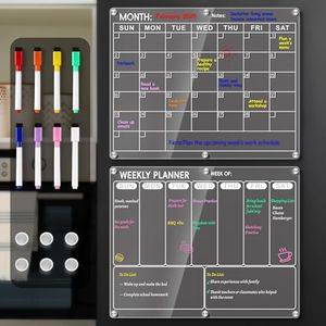 Magnetic Acrylic Calendar for Fridge, 2 Pack Clear Dry Erase Board for Refrigerator, Monthly Planner and Weekly Planner with 8 Colorful Markers, Meal Planner Menu Board for Fridge -14.5''*11.5‘’
