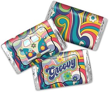 Amanda Creation Let's Get Groovy Birthday Party Mini Chocolate Candy Bar Sticker Wrappers, 45 1.4" x 2.6" Wrap Around Labels, Great for Party Favors