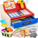 maysida Cash Register for Kids Age 3+, Wooden Till Cash Register with Scanner&Sounds, Pretend Play Toy Till with Toys Money/Coins/Credit Card/Shopping Basket/Pretend Food, Boys/Girls Brithday Gift Toy