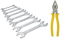 Stanley 70-379E Matte Finish Double Open End Spanner Set 8-Piece Set Chrome & 3 Meter Plastic Short Measuring Tape (Yellow) & 70-461 8'' Sturdy Steel Combination Plier Single Sleeve