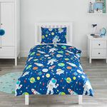 Bloomsbury Mill - Cot Bed Duvet Cover Set - Toddler Bedding Set For Boys & Girls - Outer Space, Rockets and Planets Kids Bedding - Blue Cot Duvet Cover & Pillow Case Set - 120x150cm