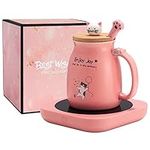 Bsigo Smart Coffee Mug Warmer Set for Home Office Desk Use, 5.9'' Electric Tea Cup Warmer with 3-Temperature Settings (Up to 180F/80C), 36 Watt, Auto Shut Off, Cute Ceramic Cat Mug with Lid, 16 oz