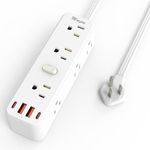 6 FT Flat Plug Extension Cord Surge Protector, Power Strip with 9 Outlets Extender and 4 USB Ports (2 USB-C), 2100 Joules, Wall Mount, Desk Charging Station for Home, Office, Travel, White