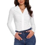 MISS MOLY Women's Blouses V-Neck Long Sleeve Ruched Tunic Tops - Formal and Casual Autumn Shirts for Ladies White