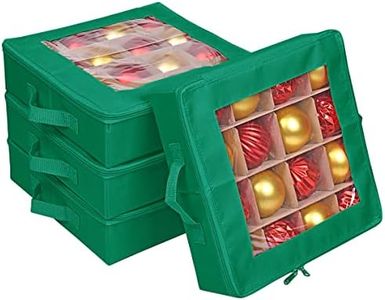 ProPik 4 Pcs Christmas Ornament Storage Boxes with Dividers | 4 Individual Trays Hold 64 Holiday Decoration Balls | Durable Ornaments Organizer Storage Box | Zippered Closure with Handles (Green)
