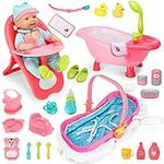 deAO 14" Baby Doll Play Set 25 Pcs Baby Doll Accessories with High Chair, Bath, Crib, Feeding Accessories, Pretend Play Baby Dolls for 3+ Year Old Girls, Gift for Christmas Birthdays