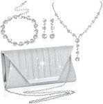 4 Pcs Bling Clutch Purse Rhinestone Jewelry Set for Women Evening Bag Crystal Earrings Bridal Necklace Bracelet Accessories (Silver)