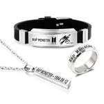 University Trendz Unisex BTS Fan Combo - Rap Monster Bangtan Kpop Bar Pendant Necklace, Name Signature Silicon Bracelet & DOB Engraved Stainless Steel Ring (Pack of 3)