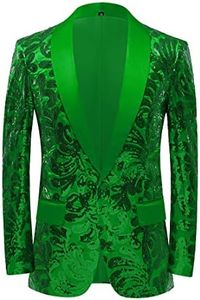 PYJTRL Men Stylish Satin Face Sequins Floral Pattern Suit Jacket Blazer (Green, XL)