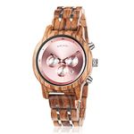 BOBO Bird Women Wooden Watches Luxury Wood Metal Strap Chronograph & Date Display Quartz Watch Fashion Zebra Wood Casual Business Ebony Wristwatches (Zebra-Pink)