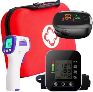 Pack sante:Oxymetre de Doigts, Tensiometre Bras, Thermometre Frontal sans contact,detecteur de pression arterielle et hypertension, Oxymetre de pouls saturation en oxygene dans le sang + mallette