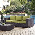 DEVOKO 3-Seater Wicker Loveseat Outdoor Rattan Couch Furniture Powder Coated Iron Frame with High Back Non-Slip Cushioned for Garden, Pool, Balcony, Lawn (Dark Brown & Green)