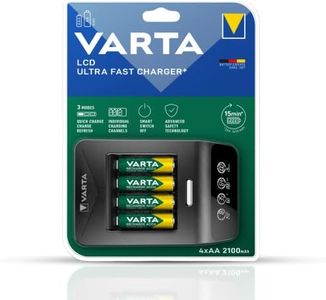 Varta Ultra Fast Charger+ for AA/AAA, Single Bay Charge, Detection of defective Cells, can be Used Worldwide, Includes 4X Recharge Battery Power AA 2100 mAh,57685101441
