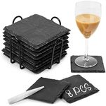 ARILEO Black Slate Drink Coasters with Holder, 8 Pack Square Coaster Set with Chalk to Customize for Home Kitchen Bar, Rustic Blanks