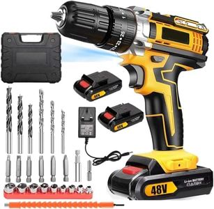 VINNYSEN 48V Cordless Drill, 3/8 Inch Power Drill Set with 2 Lithium Ion Battery and Charger, Electric Drill with Variable Speed, 24-Pieces Drill/Driver Accessories Kit (Yellow01)