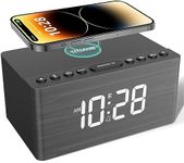 ANJANK Wooden Bluetooth Speaker Alarm Clock with Fm Radio, Wireless Charging Station for iPhone/Samsung, USB Charger Port, Dimmable Display, Sleep Timer, Digital Wood Clock for Bedroom, Bedside