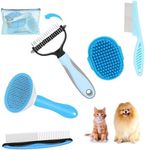 5-in-1 Grooming Kit - Supplies for Short and Long Hair Dogs, Bath Brush, Dematting Rake and Comb (Set of 5, Blue)