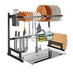 BQKOZFIN 25.6in-31.5in Adjustable Width Over The Sink Dish Drying Rack Drainer Dish Rack Over Sink with Utensil Holder and 5 Hooks Space Saver Rack for Counter Storage, Carbon Steels Black