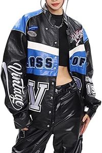 Aelfric Eden Women's Leather Bomber Jackets Oversized Patchwork Vintage Cropped Racer Moto Jackets