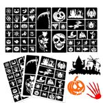 XMASIR 45Pcs Halloween Temporary Tattoo Stencils Tattoos Stickers Waterproof Reusable Glitter Airbrush Tattoo Templates for Women Kids Masquerade Prank Makeup Party(3 Sheets)