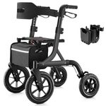 MAXWALK Walkers for Seniors, Rollator Walker with Seat, 12" Big Rubber Wheels All Terrain Rollator Walker with Backrest, Built-in Cable, Cup Holder, Foldable and Height Adjustment for Seniors, Black