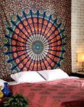 Small Golden Blue Tapestry for Living and Bedroom Decor 60x50 Inch Cotton Mandala Wall Hanging Tapestries with Peacock Design Hippie Boho Indian Ethnic Decorative Poster