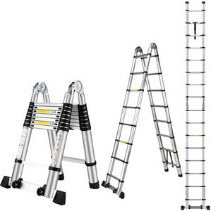 Wolec 16.5 FT A Frame Telescoping Ladder, Adjustable Multi-Purpose Collapsible Extension w/Balance Bar & Wheels, Heavy Duty 330 lbs Max Capacity, Ideal for Home and Outdoor Work, Silver