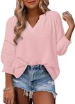 Dokotoo 3/4 Length Sleeve Womens Tops Henley V-Neck Pleated Back Blouses Casual Spring Summer Hollow-Out Loose Tops T-Shirts Solid Color Basic Pink Tee X-Large